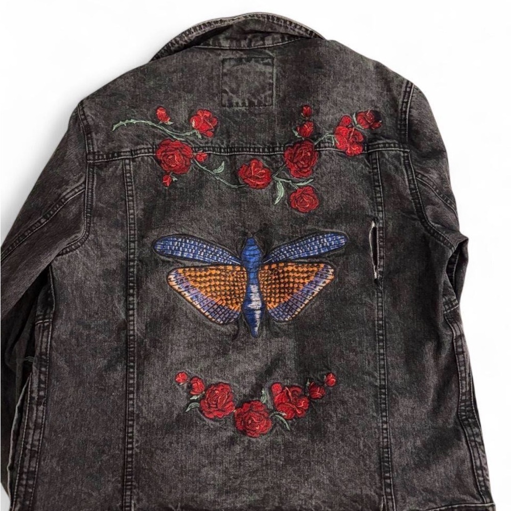 Distressed Embroidered Black Denim Jacket with Red Rose & Blue Butterfly